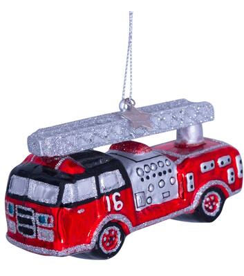 Ornament glass red/silver firecar H6cm