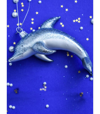 Ornament glass blue dolphin w/glitter H12cm