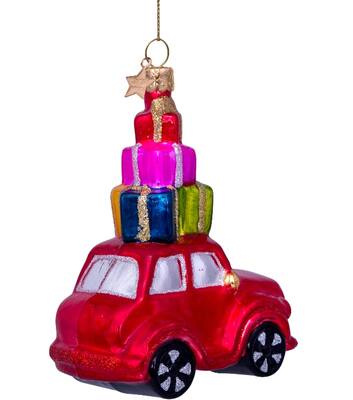 Ornament glass red car w/presents on top H11.5cm