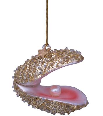 Glazen kerst decoratie champagne glitter oester H7cm