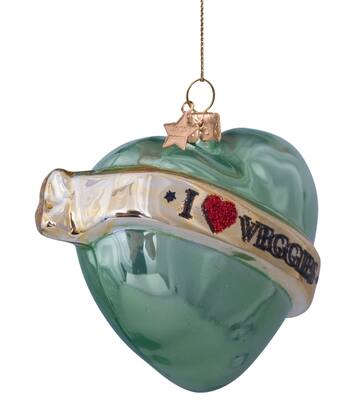 Glazen kerst decoratie zacht groen opaal hart met tekst 'groenten' H8.5cm