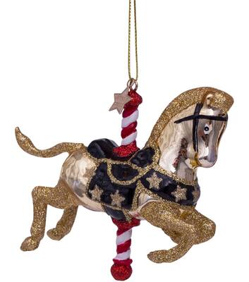 Ornament glass shiny gold carousel horse H9cm