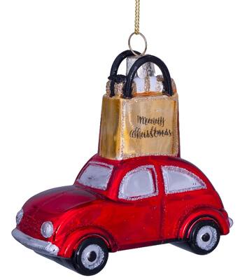 Ornament glass red car w/gold shoppingbag H9cm