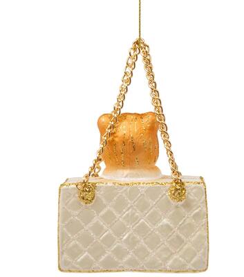 Ornament glass champagne matt fashion bag w/dog H7cm