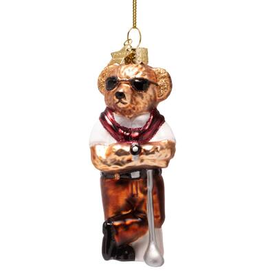 Ornament glass bear in golf clothes H11cm