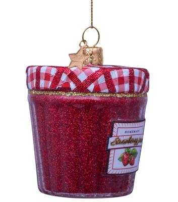 Ornament glass red strawberry jam jar H7cm